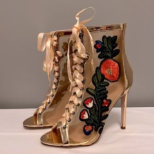 Chase + Chloe Gold Lace-Up Sheer Heeled Booties with Floral Embroidery